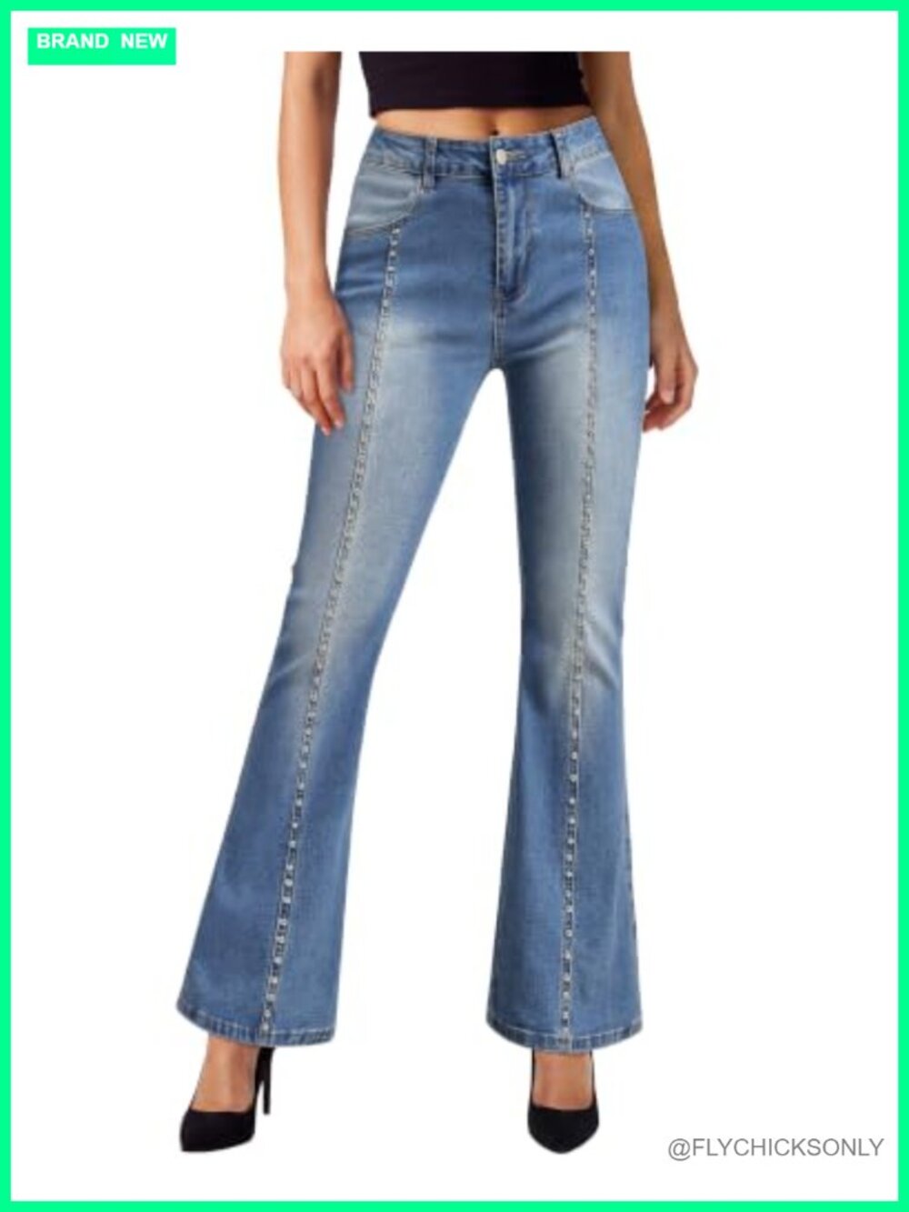 Womens High Rise Flare Slim Fit Stretchy Denim Jeans Studded Front Pockets